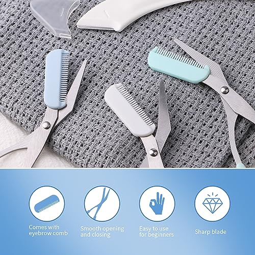 JIAKAI 3-Pack Eyebrow Scissors and Razor Set for Men Women - Green, Blue, White
