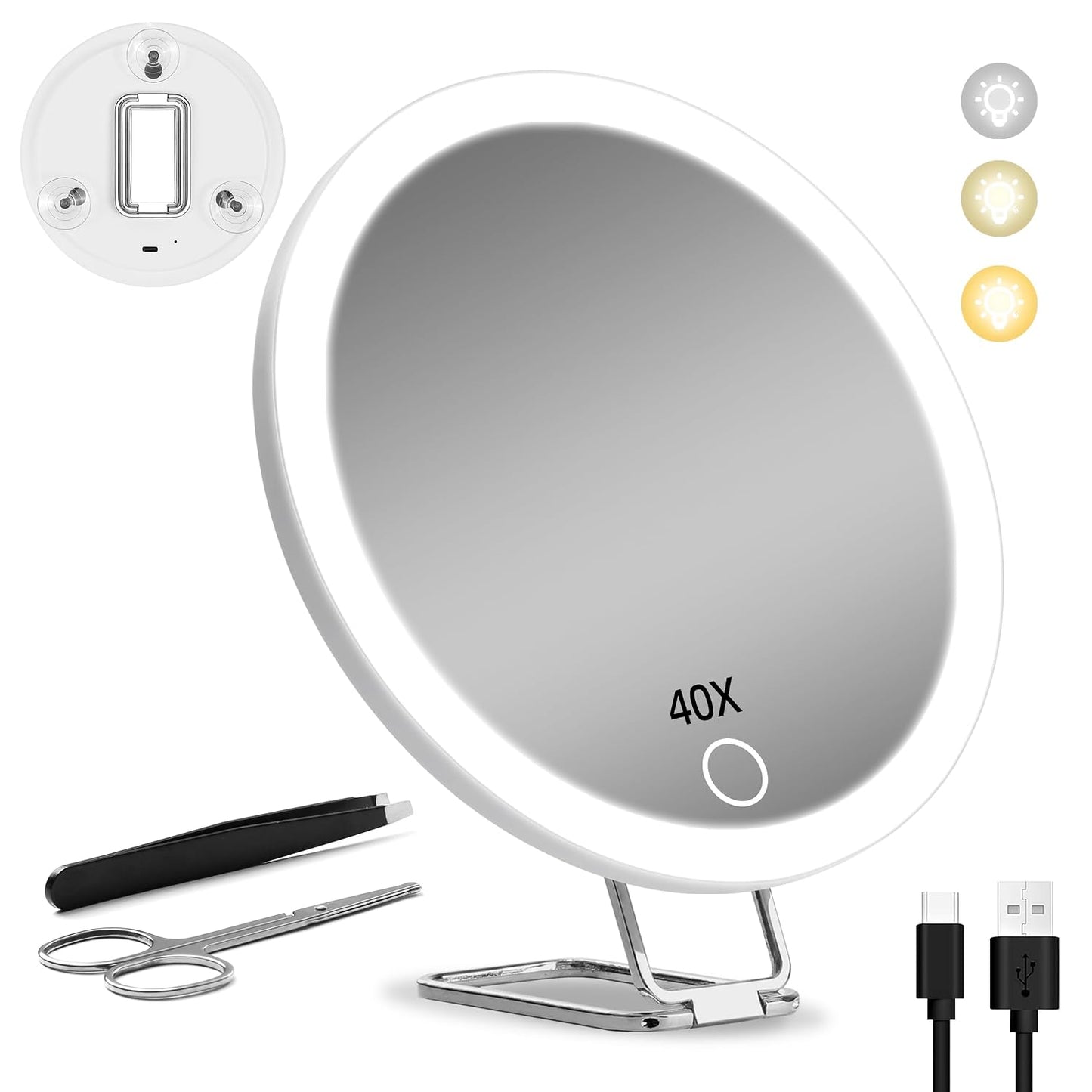40X Magnifying Makeup Mirror with Lights - 6-Inch Compact Travel Size | 360° Adjustable Stand, Suction Cups, Tweezers & Scissors Set