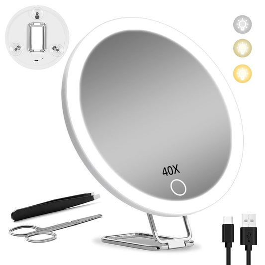 40X Magnifying Makeup Mirror with Lights - 6-Inch Compact Travel Size | 360° Adjustable Stand, Suction Cups, Tweezers & Scissors Set