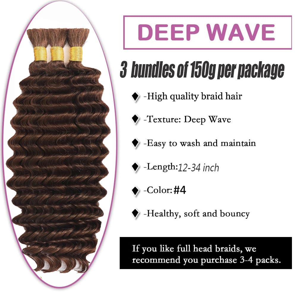 32 32 32 Inch #4 Human Braidng Hair For Boho Braids Chocolate Brown Crochet Human Hair Braiding Deep Wave Braids 3 Bundles/Pack Chocolate Brown Color 150g