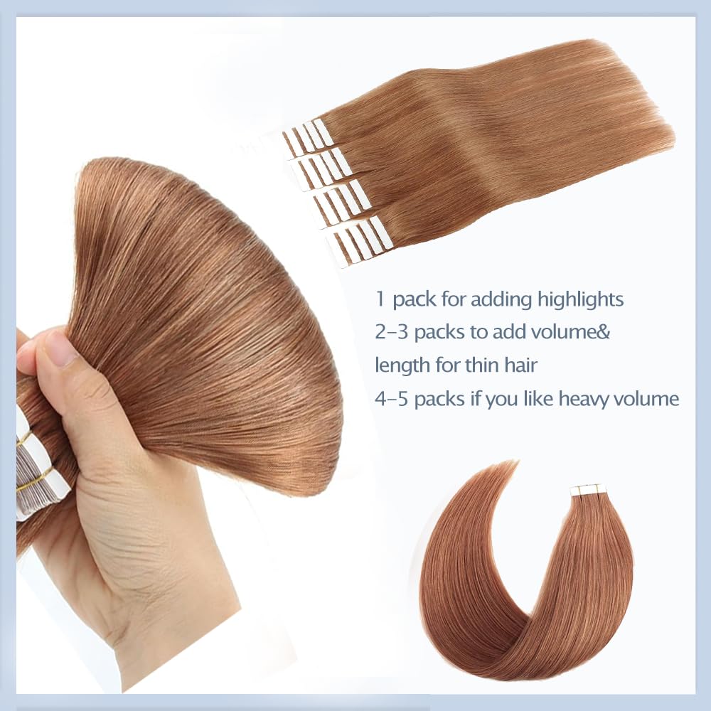 Light Brown Straight Tape In Hair Extensions 18 Inch HuxoWax VirgIn Remy Tape In Hair Extensions Double Weft Hair Weave #30 Color