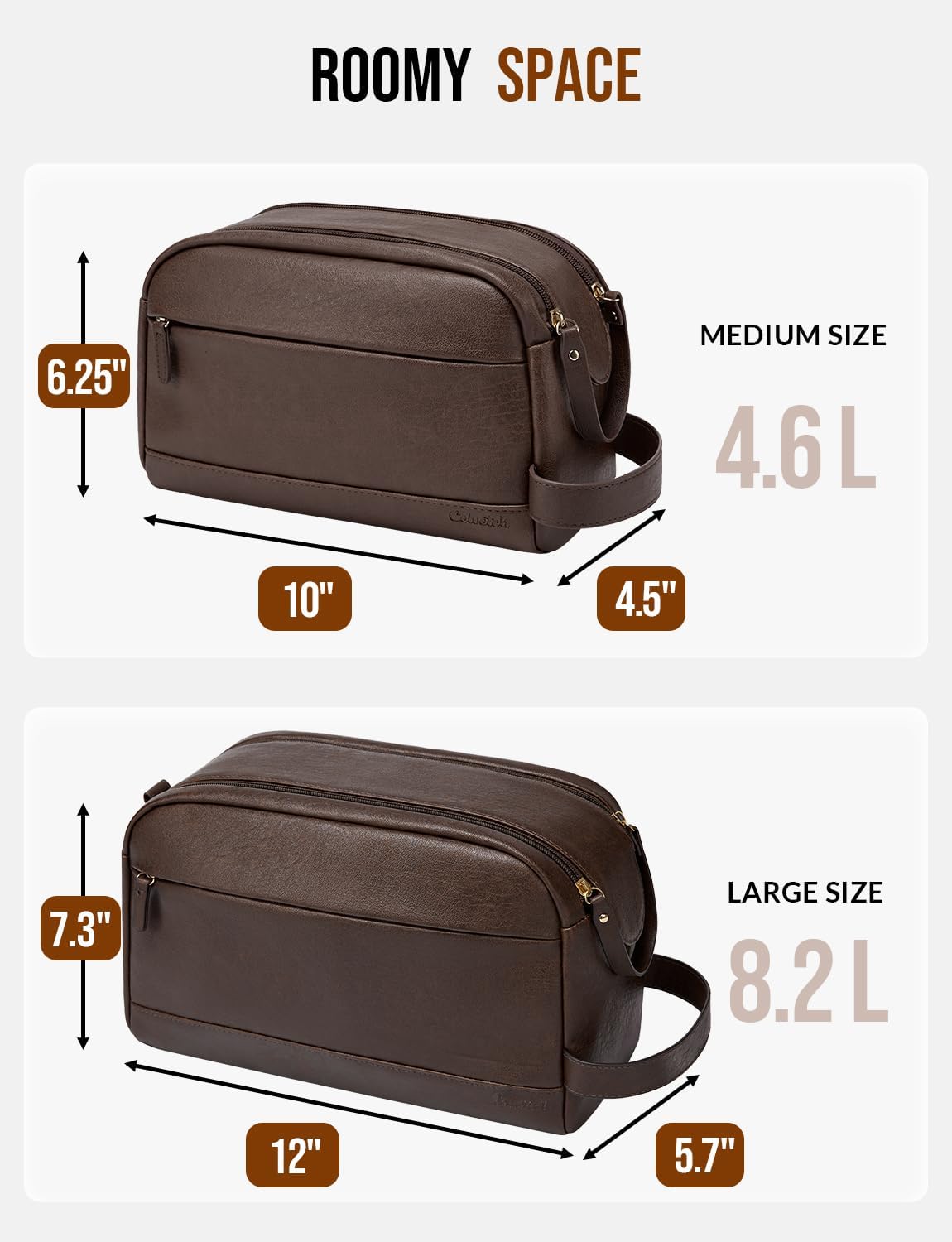 Toiletry Bag for Men - Water Resistant PU Leather Travel Organizer | Dark Brown