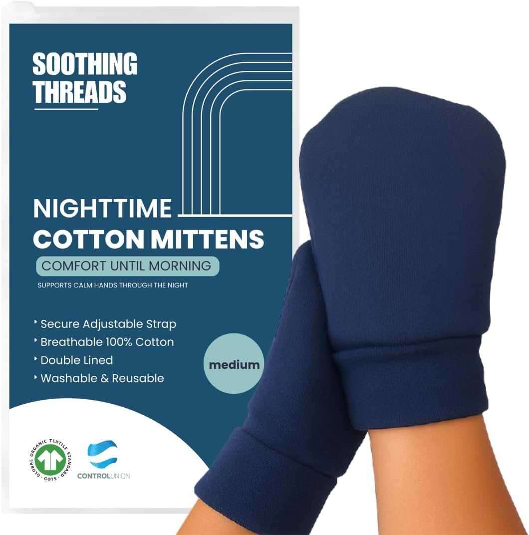 Organic Cotton Eczema Mittens for Adults - Anti-Scratch Nighttime Gloves with Adjustable Strap | Reusable & Washable, Navy, Medium