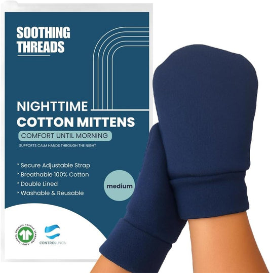 Organic Cotton Eczema Mittens for Adults - Anti-Scratch Nighttime Gloves with Adjustable Strap | Reusable & Washable, Navy, Medium