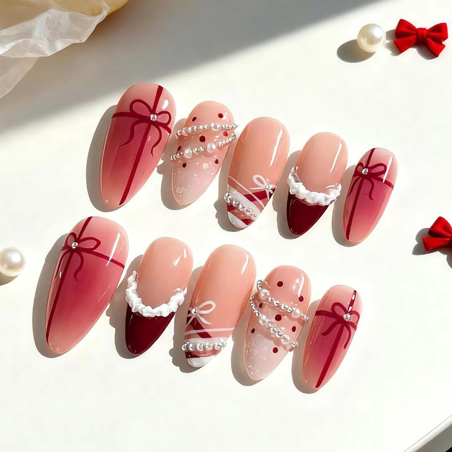 Christmas Press-On Nails - Medium Almond Acrylic Tips with Tree Wreath, Gold Beads & Rhinestones | Winter Holiday Design