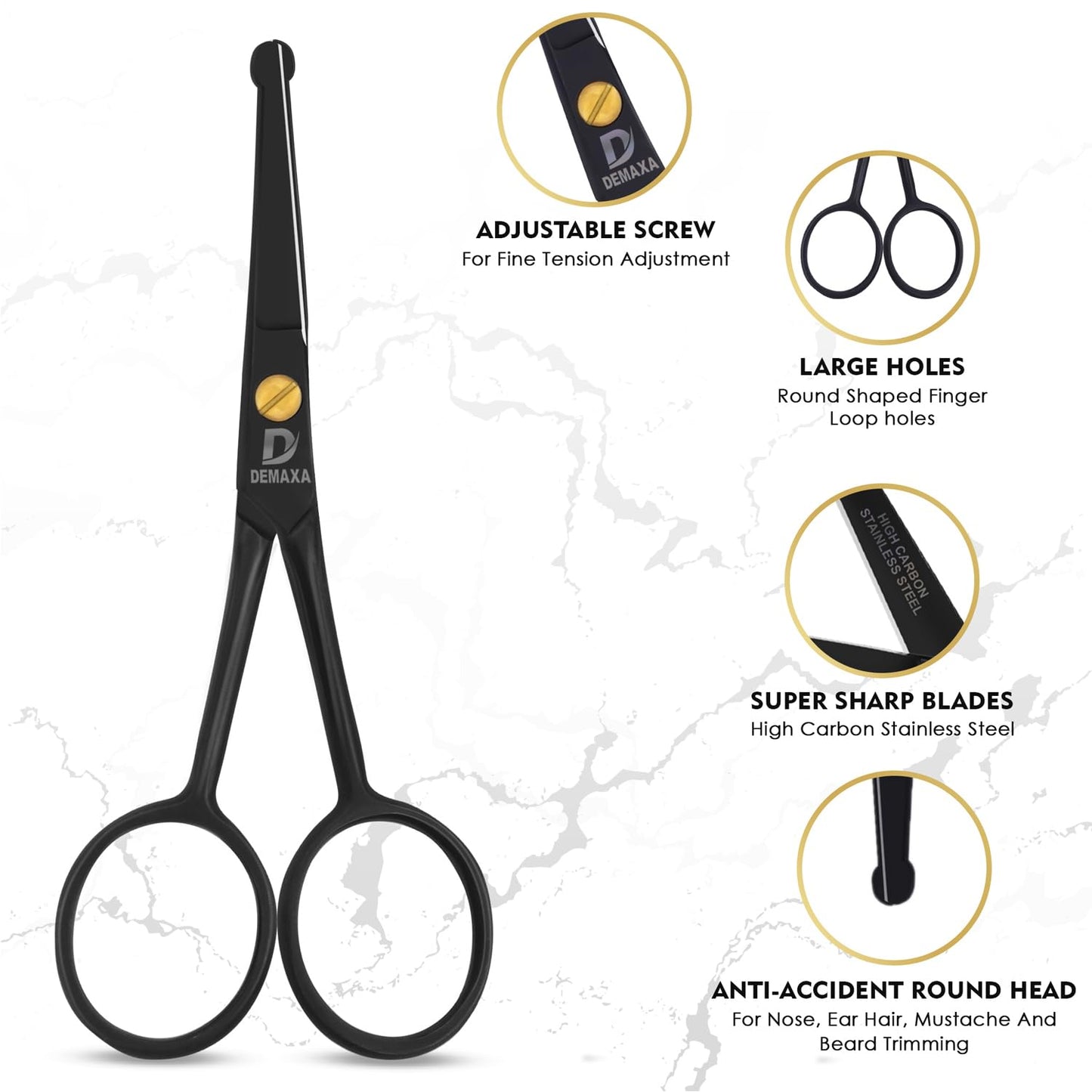 DEMAXA 4.5" Round Tip Safety Mustache Scissors Beard Scissors with 1 Mustache Comb, 1 Beard Comb & Soft Pouch – Best Facial Hair Shears for Beard Mustache Trimming Nose & Ear Hair