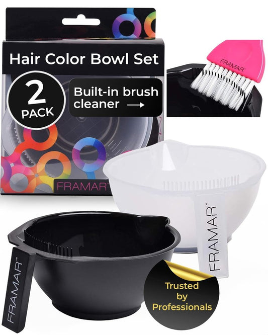FRAMAR Color Bowl with Cleaner Set – Color Bowls For Hairstylist, Hair Dye Bowl With Brush Cleaner Reduces Waste, Non-Slip Rubber Base Prevents Spills, Easy To Clean and Reuse – 2 Pack