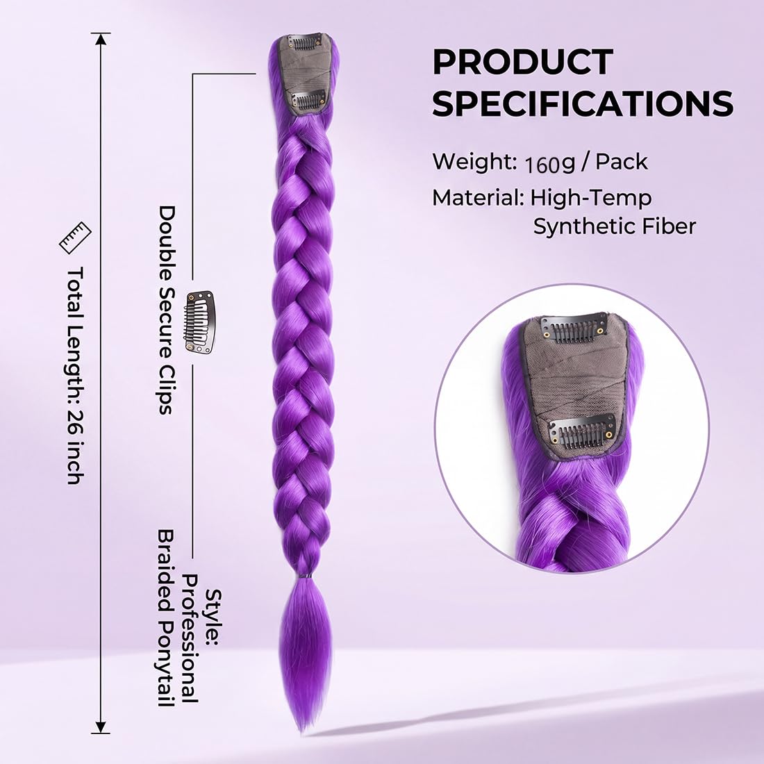 26 inch Purple Braids Ponytail Hair Braids Easy Clip in Ponytail Hairpiece for Cosplay Stage Party Hallowee (purple, 26inch)