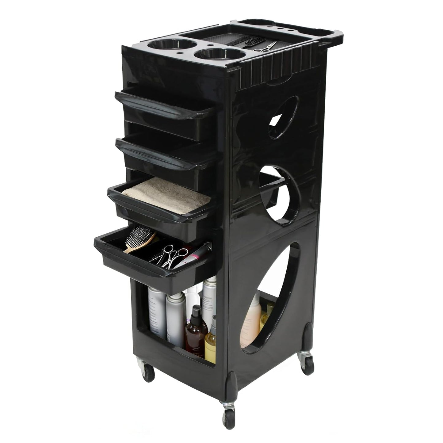 Salon Beauty Rolling Trolley Cart - Black Hair Storage Cabinet with Multi Drawers & 4 Wheels | Hollow-Carved Design