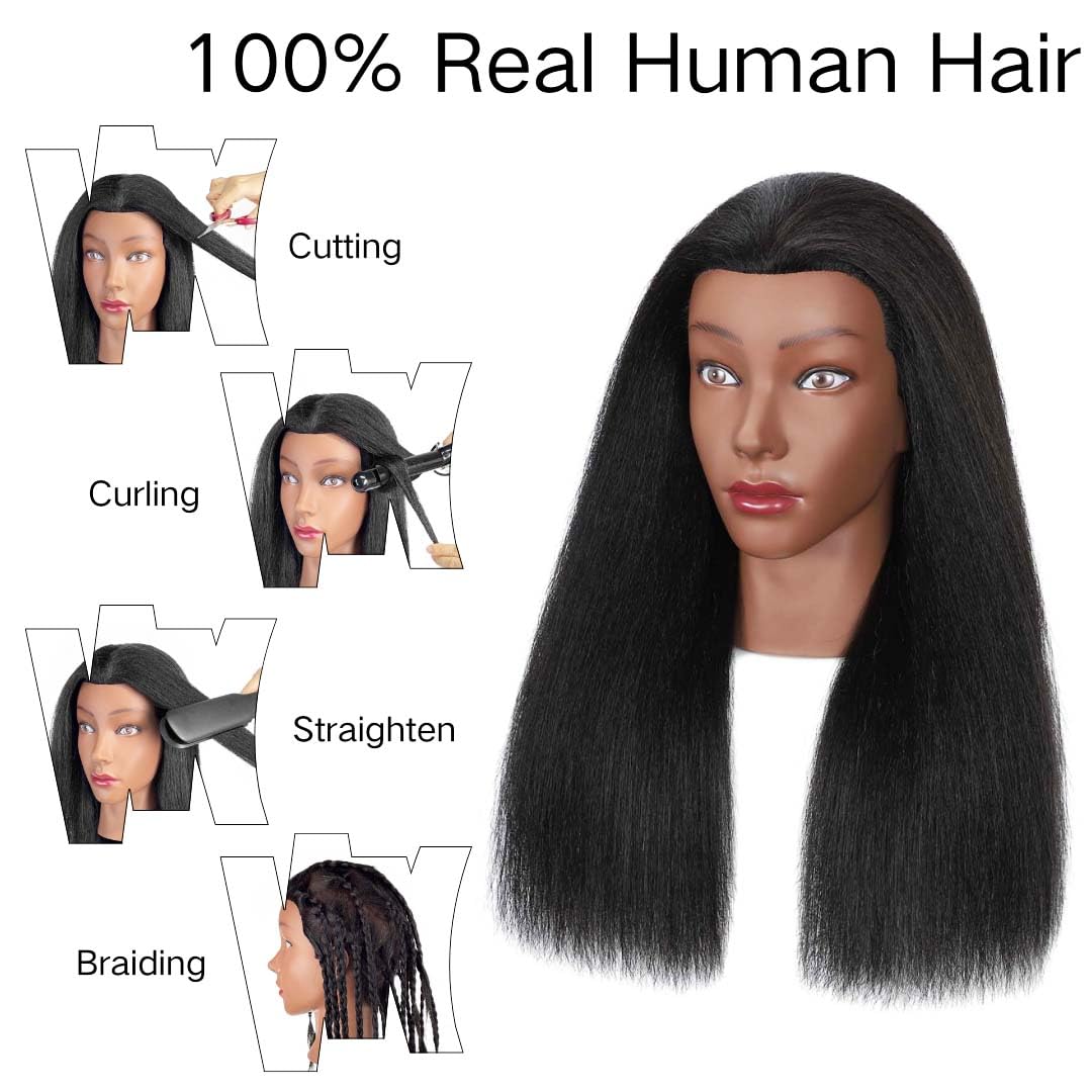 Mannequin Head - 100% Real Human Hair Cosmetology Practice Doll | 16 Inch with Clamp Holder & Tools