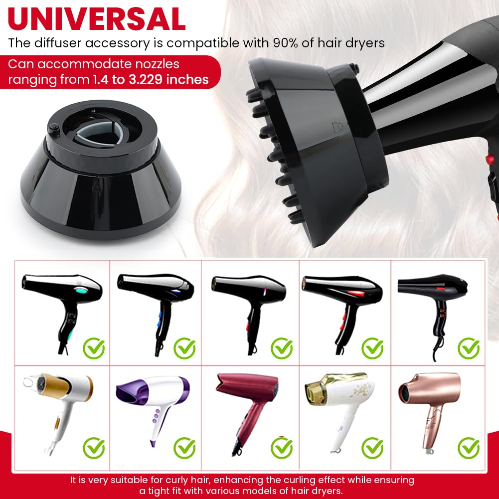 Hair Dryer Diffuser Attachment for Curly & Wavy Hair - Adjustable 1.4 to 3.2 Inch | Black