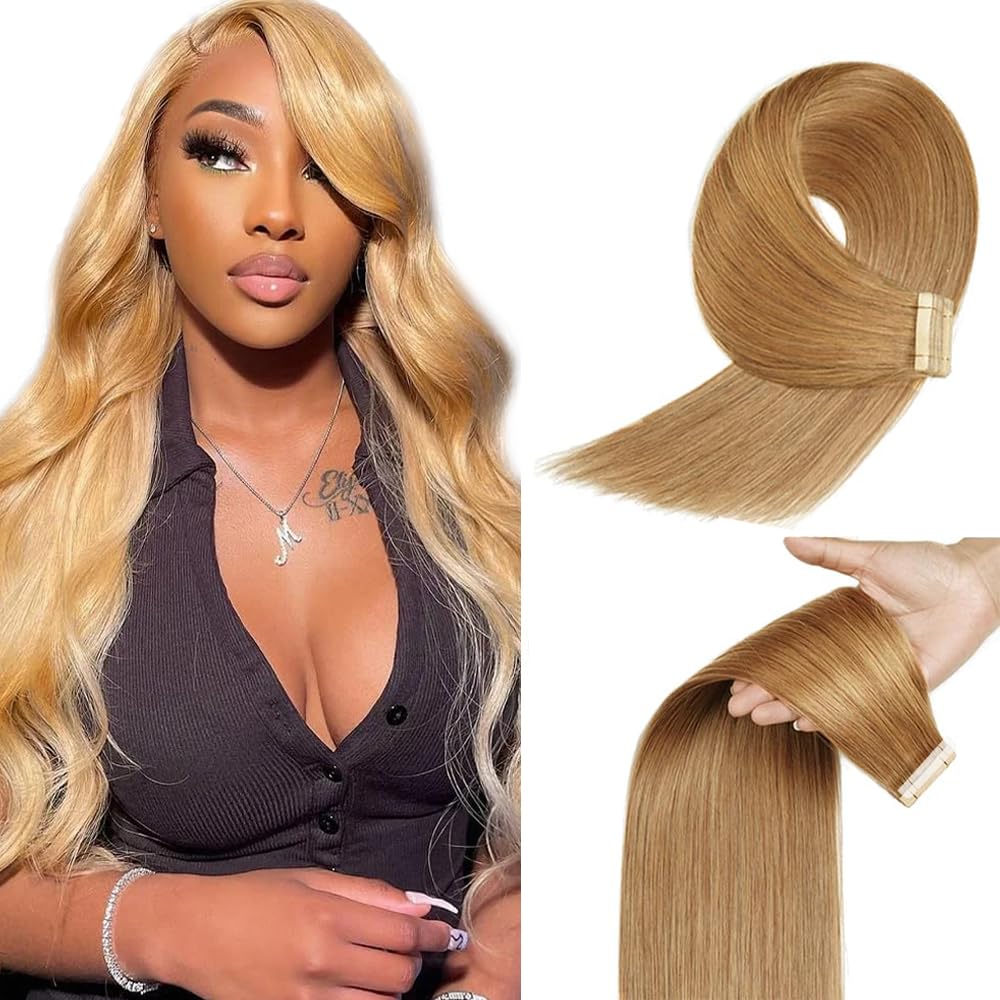 HuxoWax 28 Inch Tape In Human Hair Extensions #27 Honey Blonde Doubles Weft Invisible Straight Human Hair Tape In Extensions #27 Blonde Weave 10 Packs Total 40g