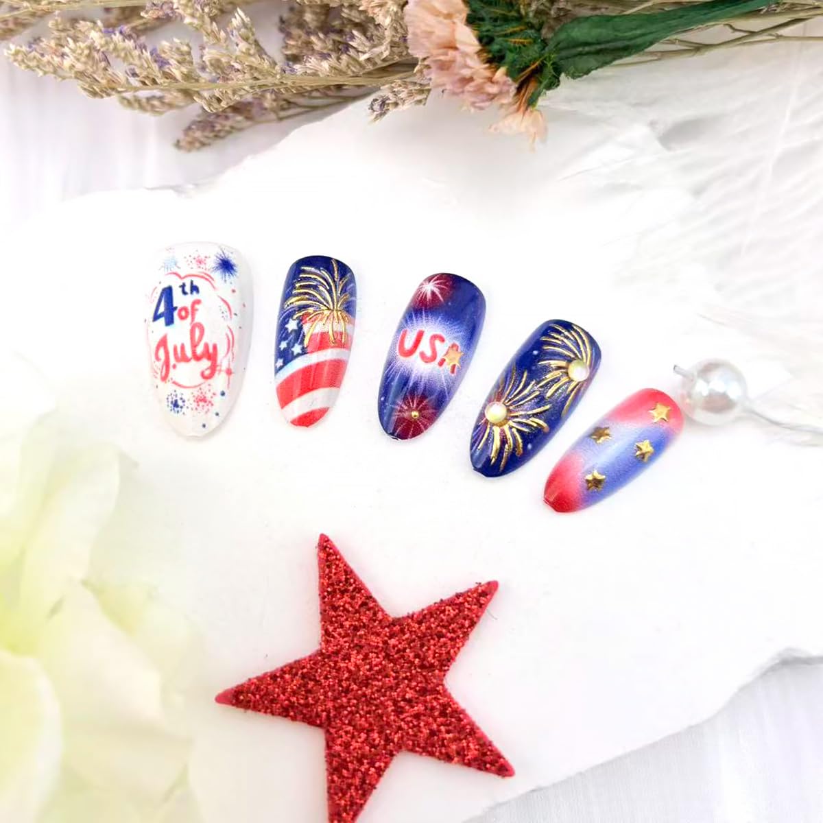 30Pcs 4th of July Press-On Nails - Medium Almond Patriotic Acrylic Nails | Red, Blue & White Designs