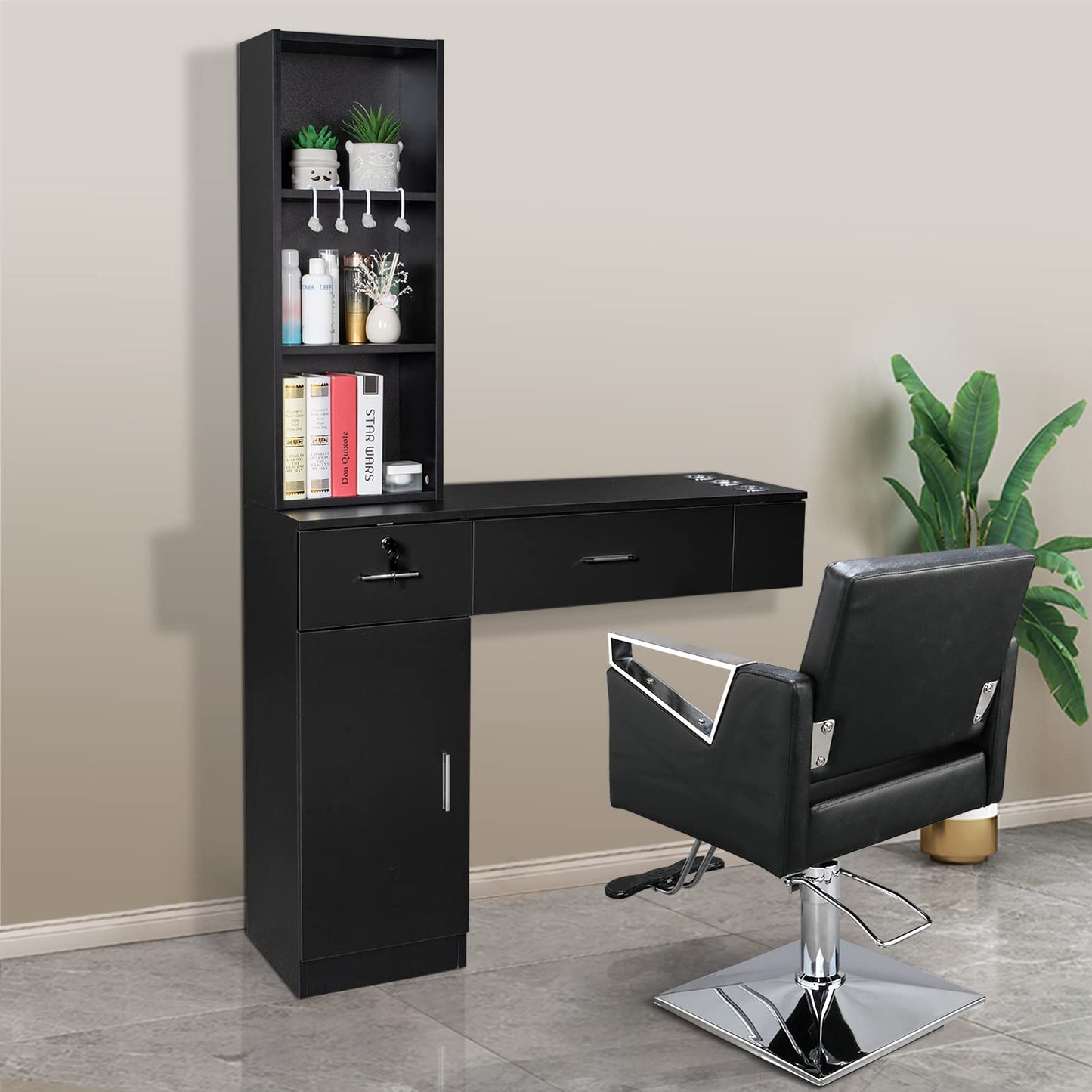 Wall Mount Barber Stations, Salon Stations for Hair Stylist, Hair Styling Equipement Set with a Storage Cabinet