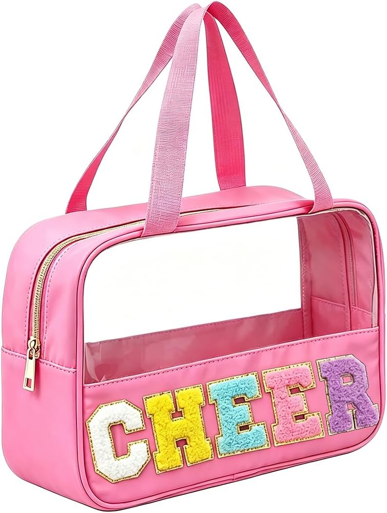 Cheer Makeup Bag - Chenille Letter Patch Clear Cosmetic Organizer | Waterproof Nylon Travel Toiletry Bag for Cheerleaders
