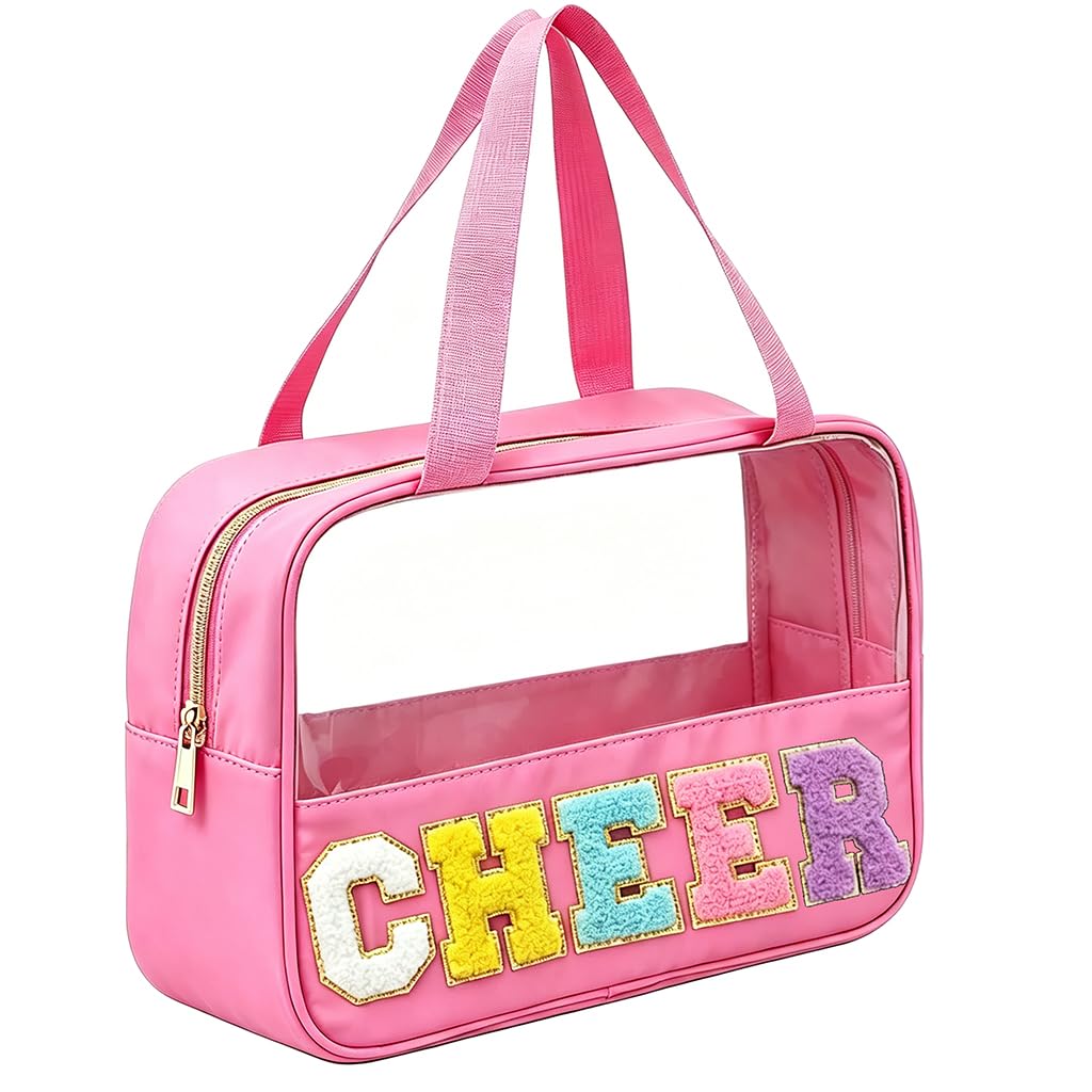 Cheer Makeup Bag, Cheerleader Gifts for Team, Chenille Letter Patch Clear Cosmetic Bag with Handle and Zipper, Waterproof Nylon Travel Toiletry Organizer for Girls Women, Cheer Competition Must Haves