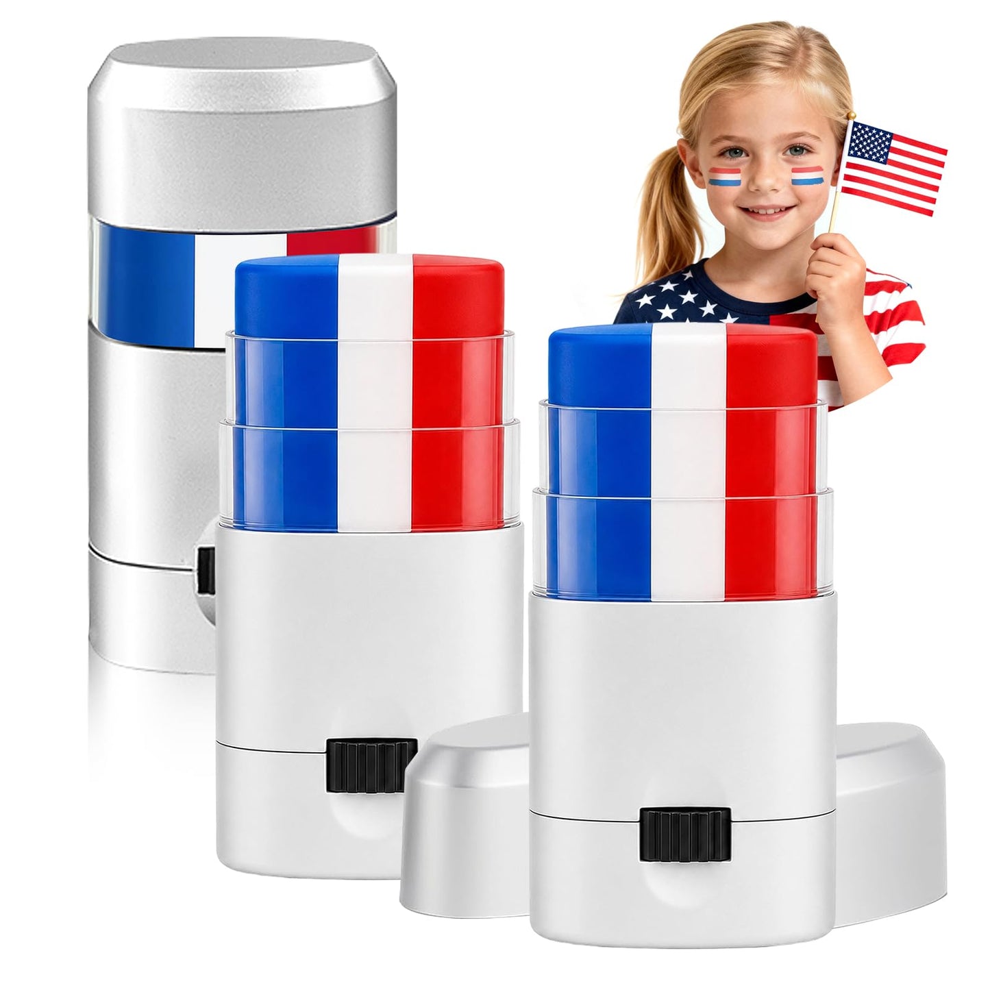 Go Ho 3PCS Red White and Blue Eye Black,Patriotic USA Flag 4th of July Face Paint Makeup for Independence Day,Soccer Fans Eye Black Stick,Eye Black Stick for Baseball Party Favors