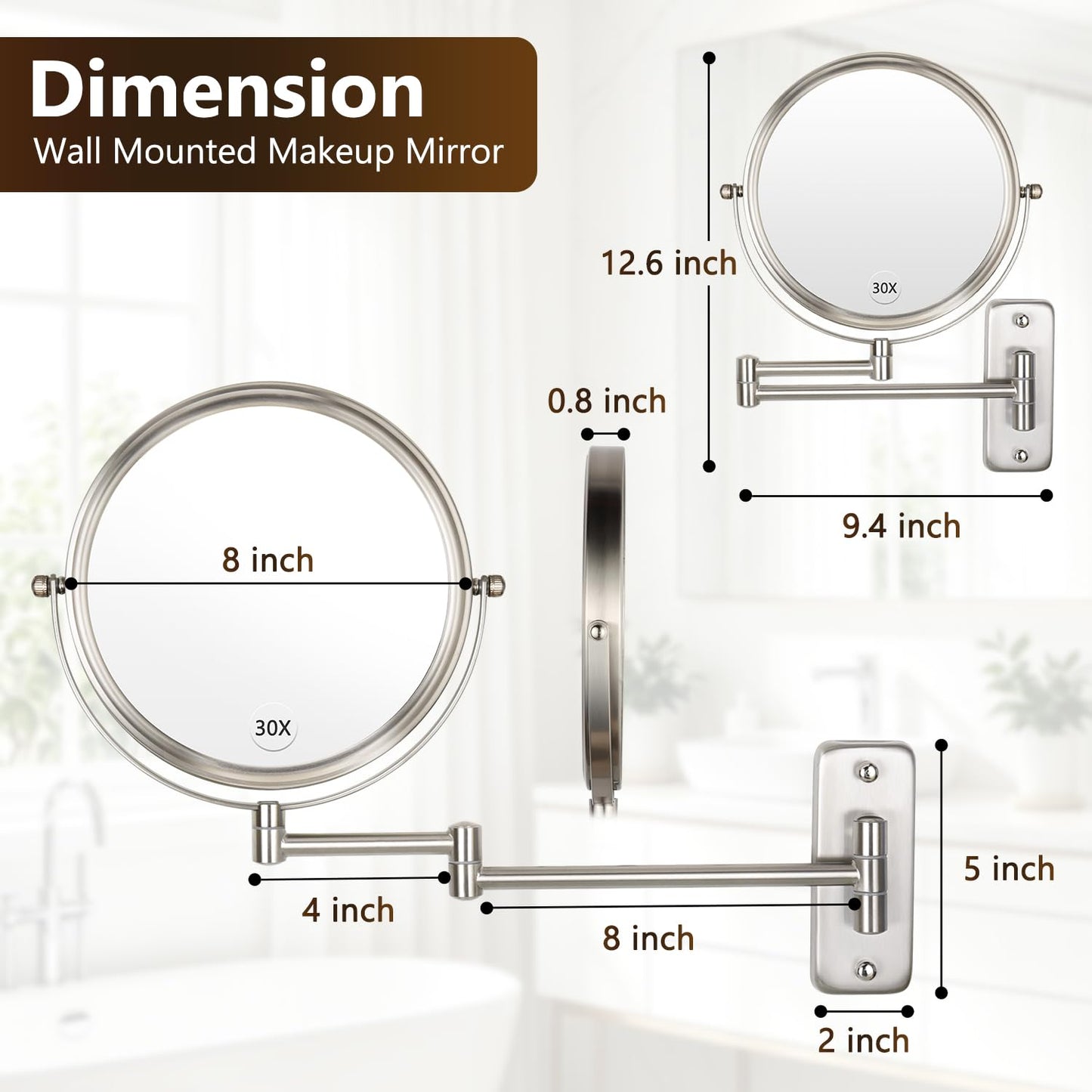 ALHAKIN 1X/30X Wall Mounted Makeup Mirror, 8 Inch Double Sided Magnifying Mirror for Wall, Bathroom Makeup Mirror with 360 Rotation Extendable Swivel Arm, Nickel