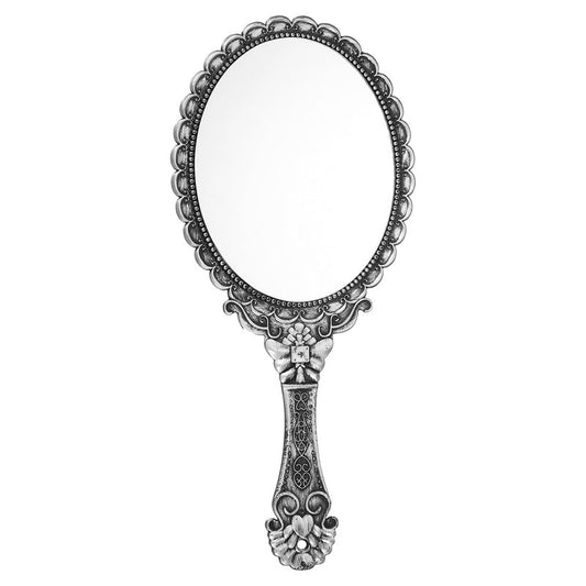 uxcell 1 Pcs Vintage Hand Held Mirror, Embossed Design Portable Hand Vanity Mirrors Single Side with Hook Hole for Bedroom, Bathroom, Travel, & Makeup Use, Bronze Silver(Oval)