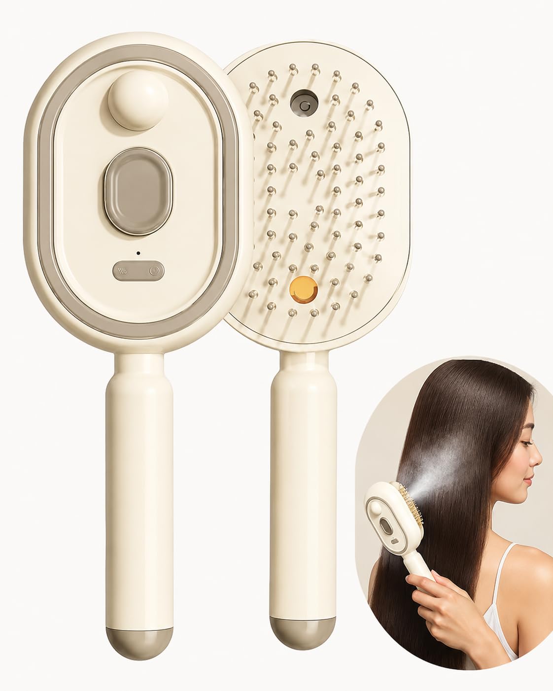 Electric Spray Air Cushion Massage Comb, Rechargeable Mist Hair Brush with Self-Cleaning Design, Detangling Brush for Frizzy Hair, Flyaways & Scalp Comfort(Beige)