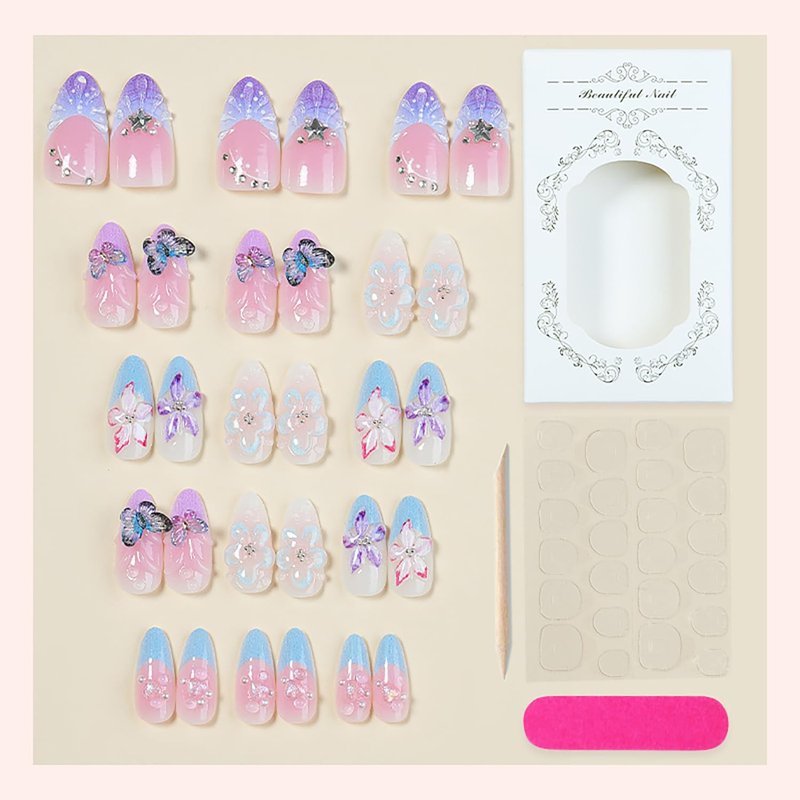 **Spring Butterfly Press-On Nails - Medium Almond Purple French Tip with Rhinestones & Flowers | 30-Piece Set**