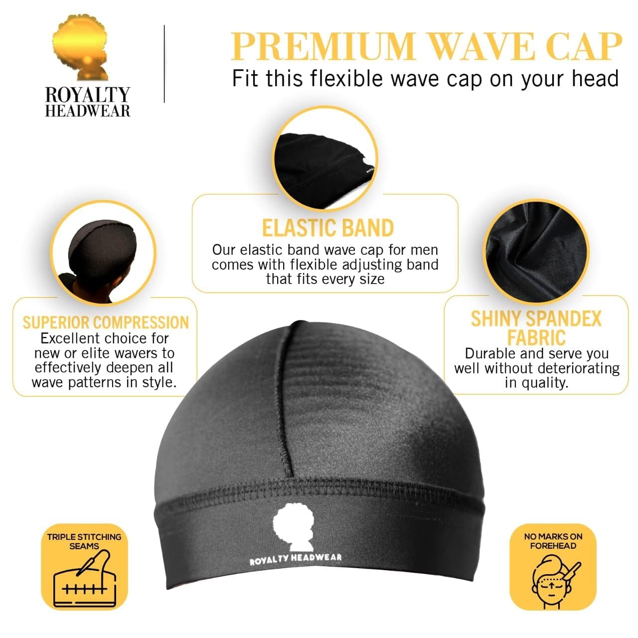 Royalty Headwear Silky Wave Cap for 360, 540 & 720 Waves, Soft Breathable Durag Skull Cap Beanie for Men (US, Alpha, One Size, Silver)