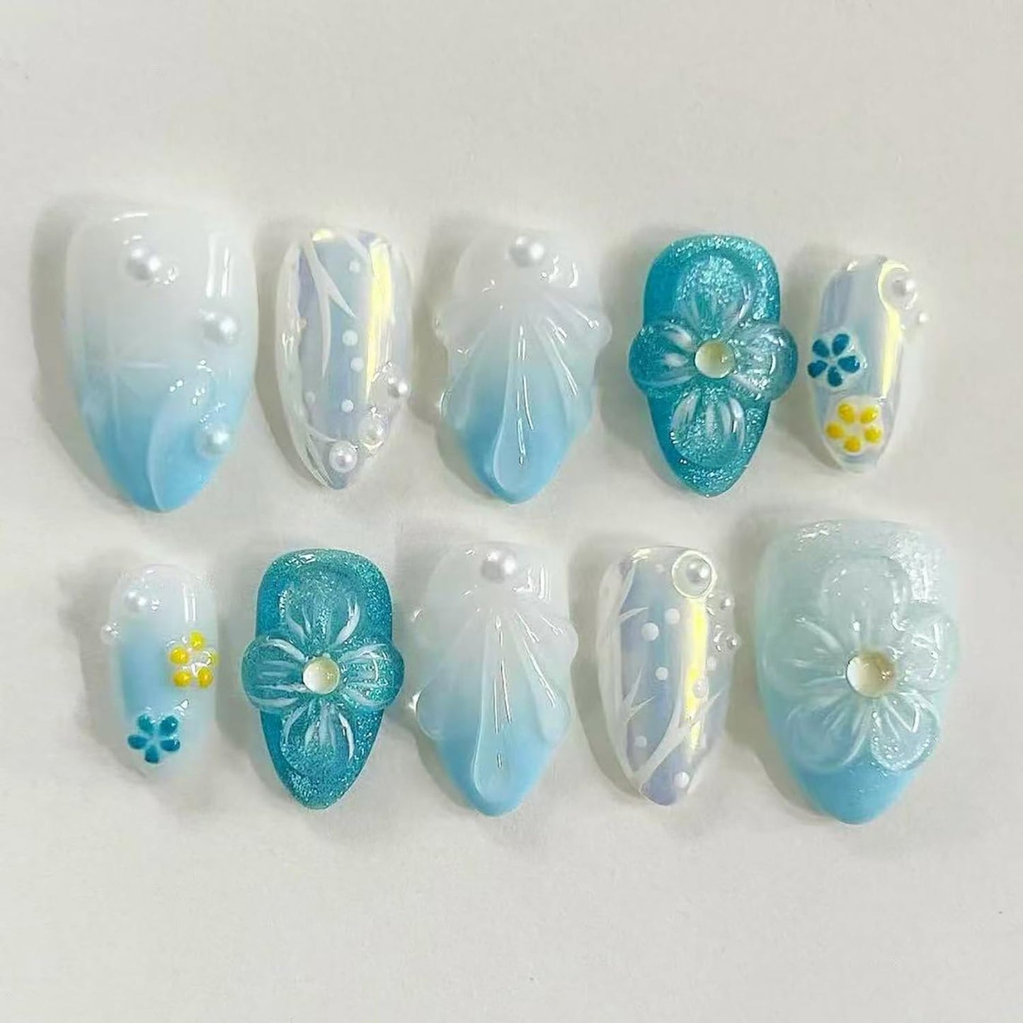 Blue French Tip Press-On Nails - 30 Pcs Short Almond Design with 3D Flowers & Pearls | Reusable Summer Beach Nails