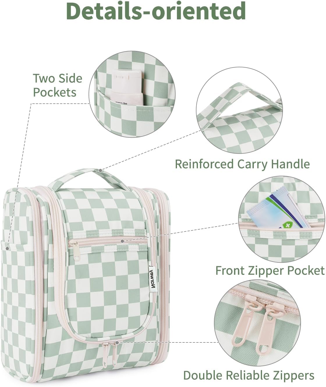 Narwey Hanging Travel Toiletry Bag - Checkered Makeup Organizer for Women | Mint Green Checkerboard Design