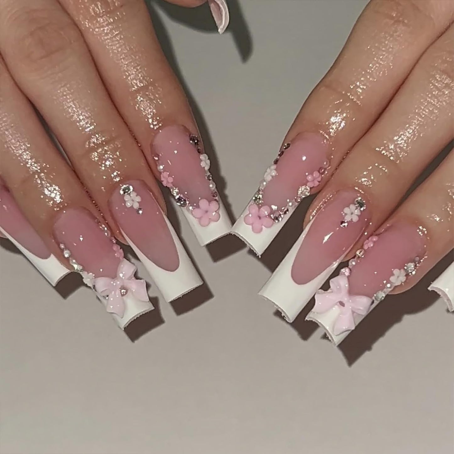 3D Flower Press-On Nails - Medium Square Pink French Tip with Star Rhinestones | Full Cover Artificial Nails for Women
