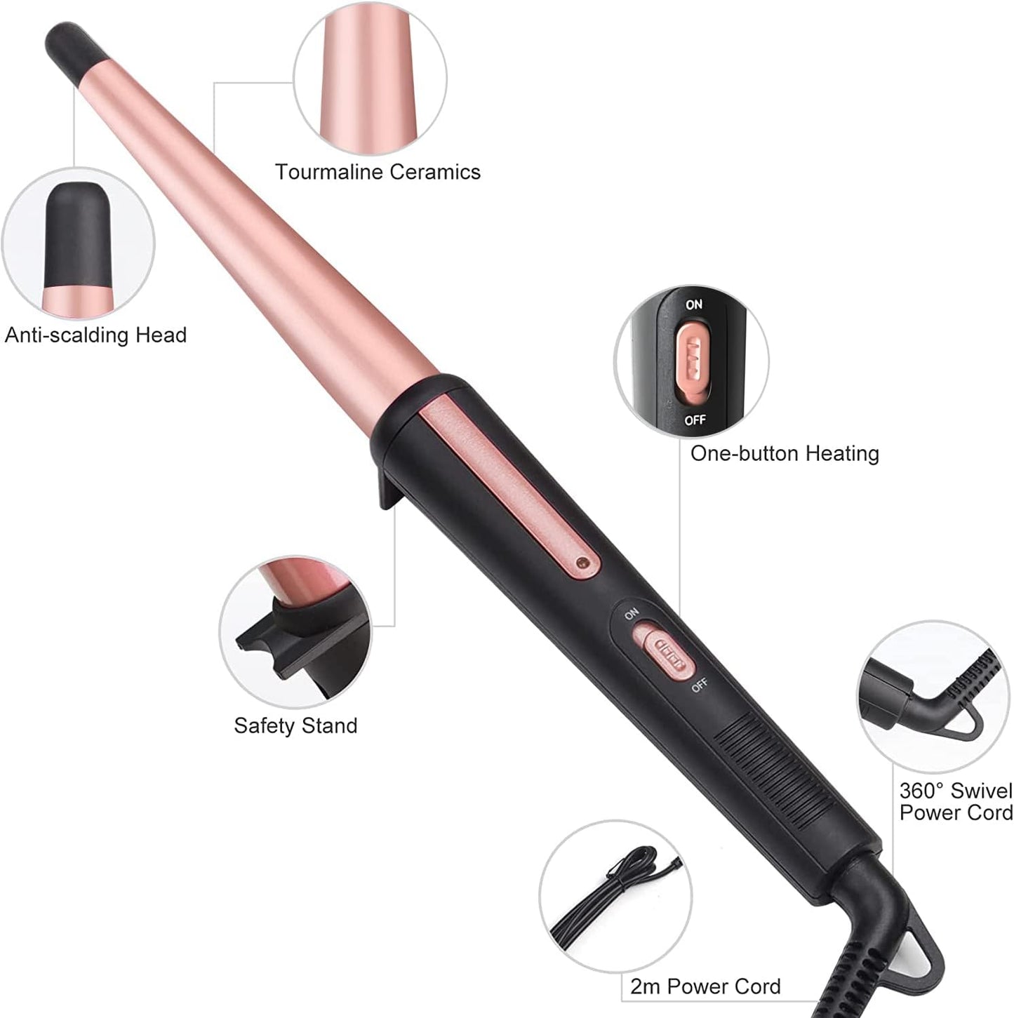 Professional Hair Curling Wand - 0.5-1 Inch Tapered Ceramic Curler with Heat-Resistant Glove | Dual Voltage Pink