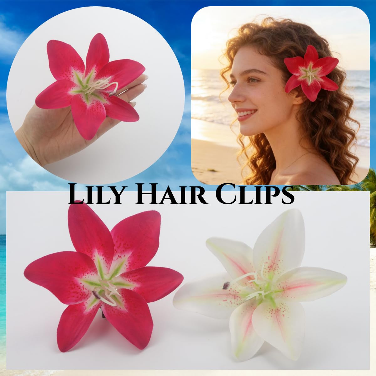 Lily Flower Hair Clips for Women - Tropical Floral Barrettes for Weddings & Prom | White & Red Tiger Design