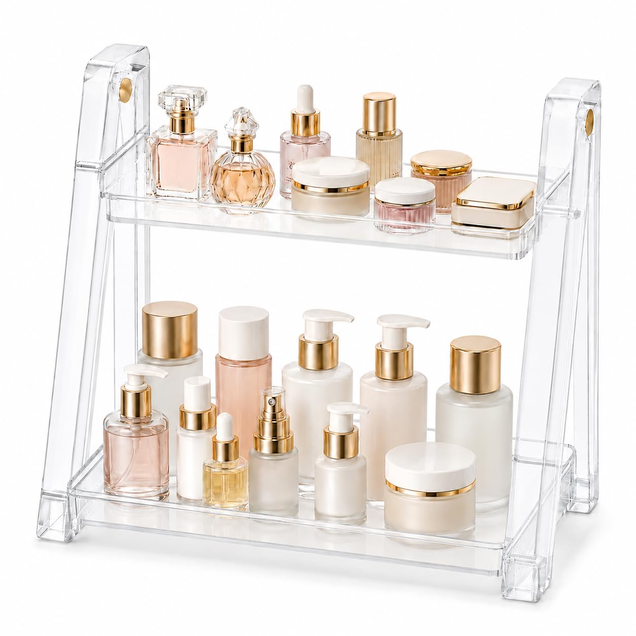 UFORU Clear Acrylic Bathroom Counter Organizer, 2-Tier Foldable Perfume Organizer Shelf for Makeup, Skincare, Beauty Products, Vanity, Dresser, Bedroom and Desk