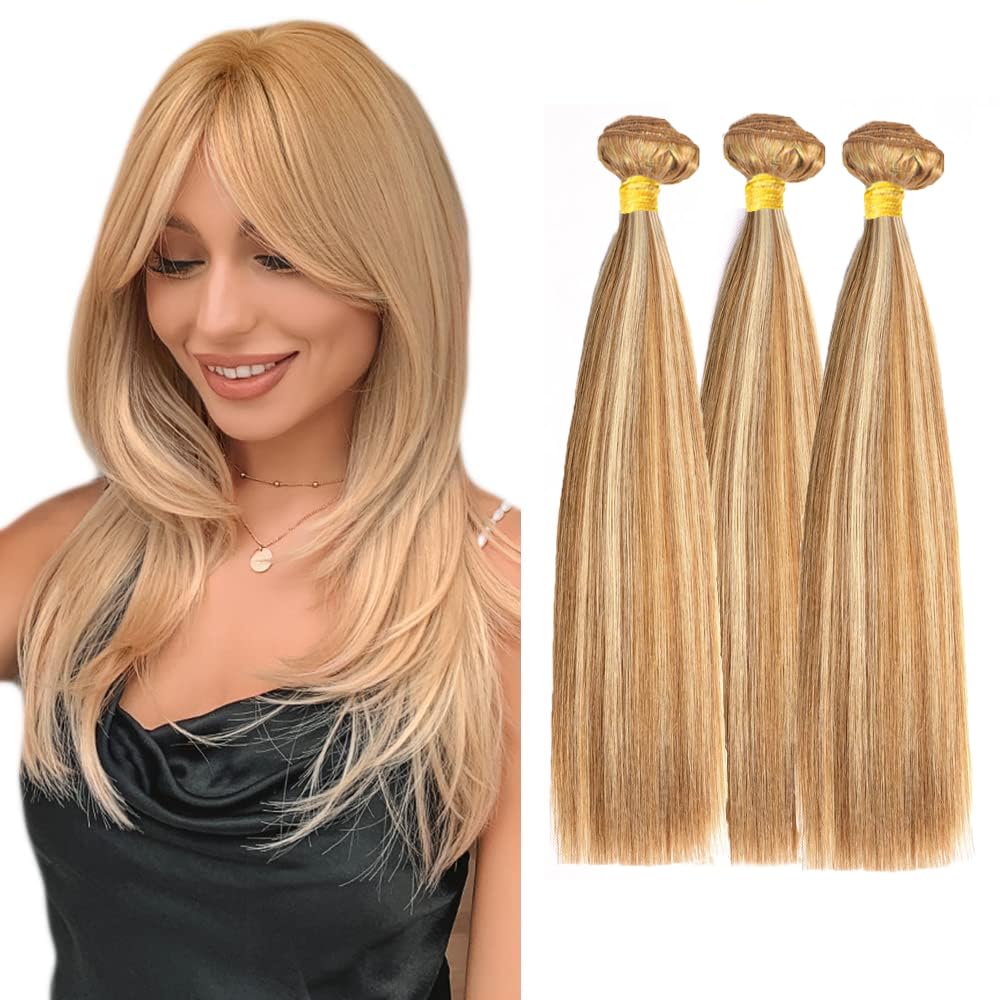 P27/613 Highlight Bundles Human Hair Straight Bundles 22 22 22 Inch Honey Blonde Unprocessed Brazilian Virgin Hair 3 Bundle 50 Gram Per Bundle Deals Quick Weave Hair Extensions