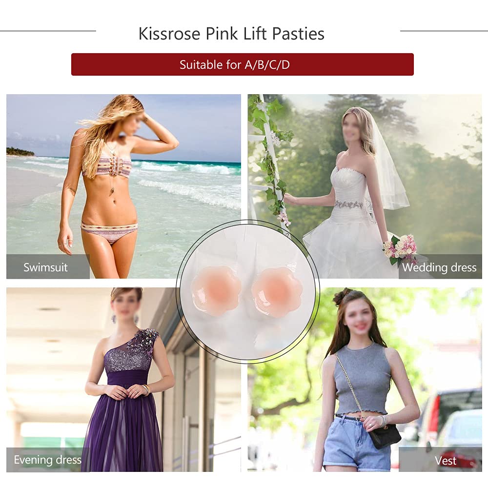 kissrose Nippleless Covers, Breast Lift Tape, Silicone Breast Lift Pasties 4.3inch Diameter(1 Pair Flower) (Pink)