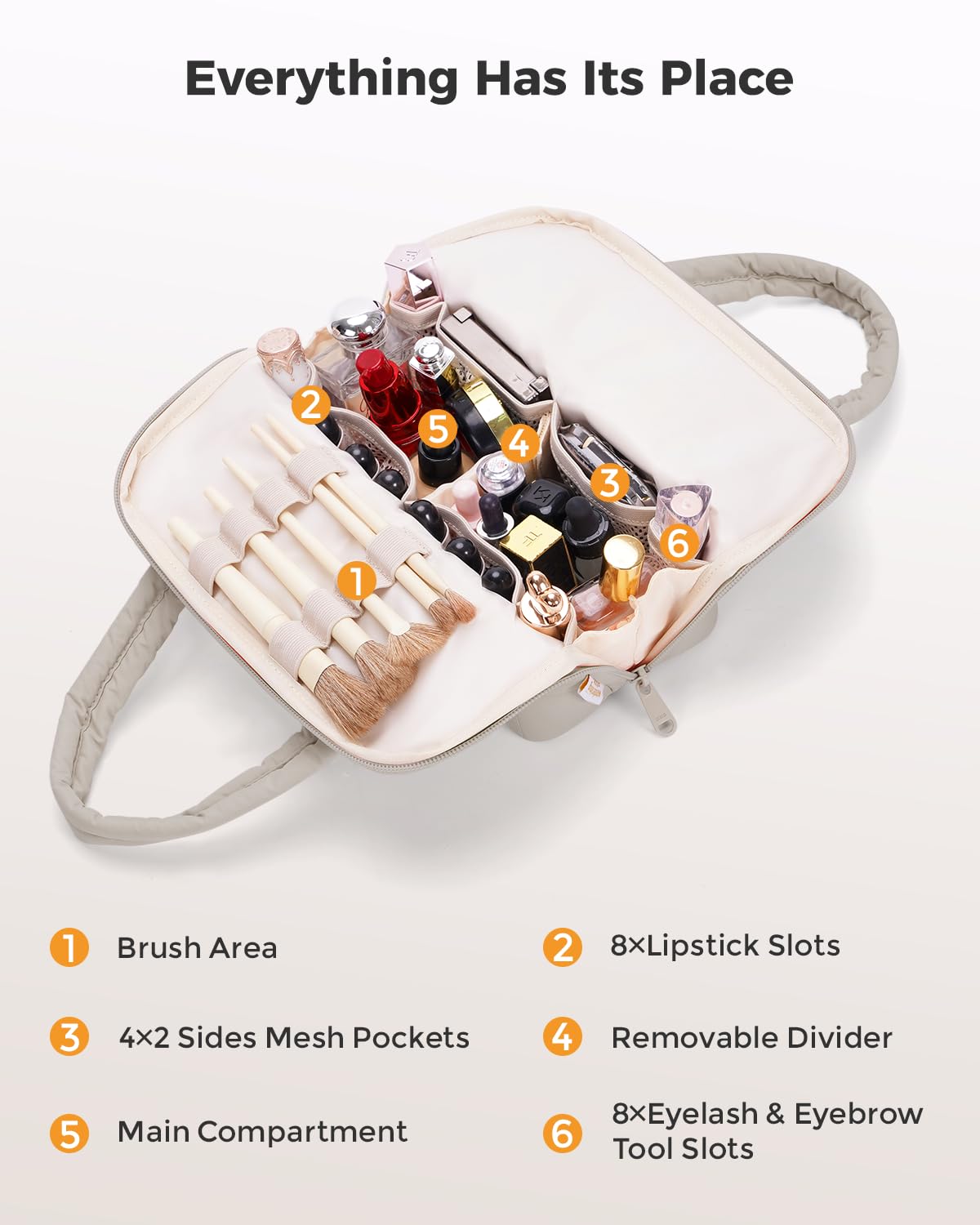 Wandering Nature Standing Makeup Bag for Travel, Portable Fold-down Cosmetic Organizer, Puffer Open Make Up Pouch with Handle & Divider & Brush Holder, Easy Clean Toiletry Bag with EVA Lining
