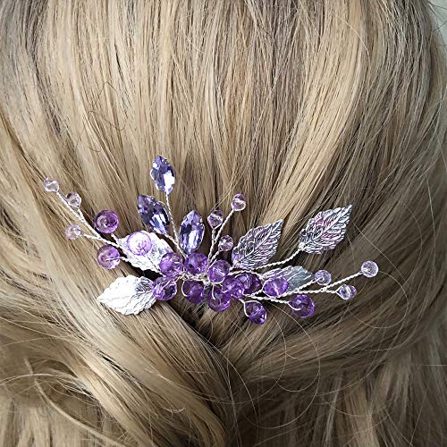 Wedding Crystal Leaf Hair Comb Clip for Bride Bridesmaid Flower Girl - Purple & Silver