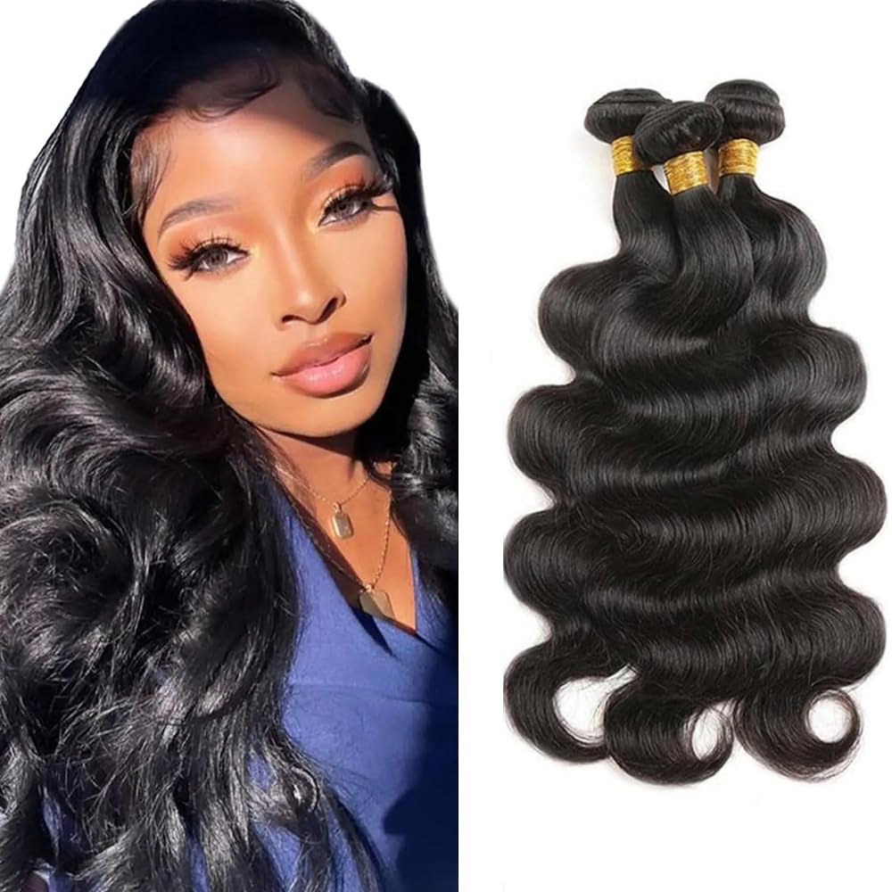 Body Wave Bundles Human Hair 18 20 22 Inch 150g Unprocessed Brazilian Virgin Hair for Women Remy Body Wave Hair Extensions Natural Black Double Weft