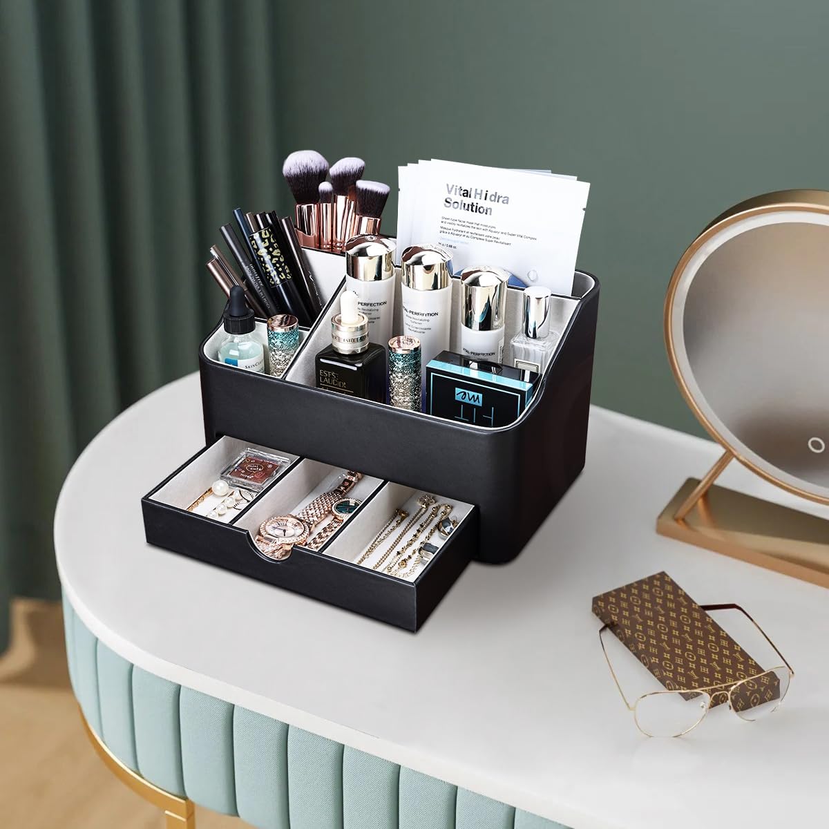 Leather Makeup Organizer - Stylish Cosmetic Storage with Drawer | Dresser & Vanity Organizer for Lipstick, Brushes & Skincare (Black)