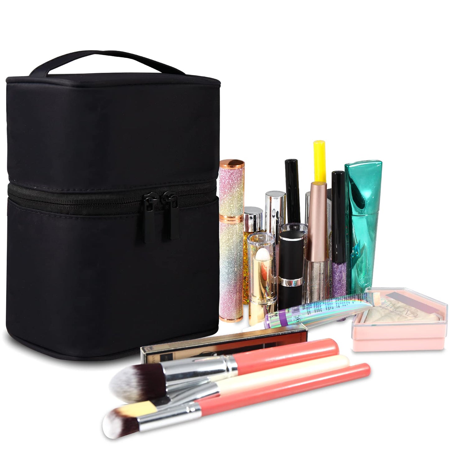 Bysiter Makeup Bag Travel Cosmetic Bag 7.5x5.5x4.4 Inch Makeup Brush Holder Organizer Cute Portable Artist Toiletry Storage Bag Cosmetics Case for Women (Black)