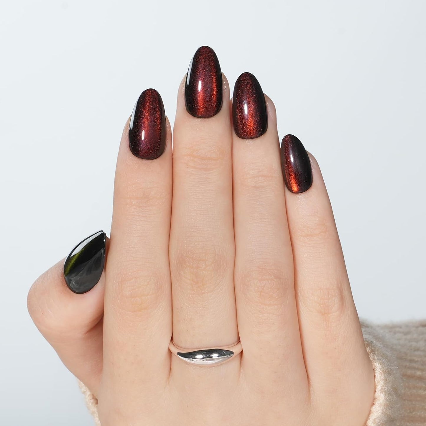 Cat Eye Press On Nails - Short Almond Fake Nails with Nail Glue | Reusable Brown Red 32-Piece Kit in 16 Sizes for Women & Girls