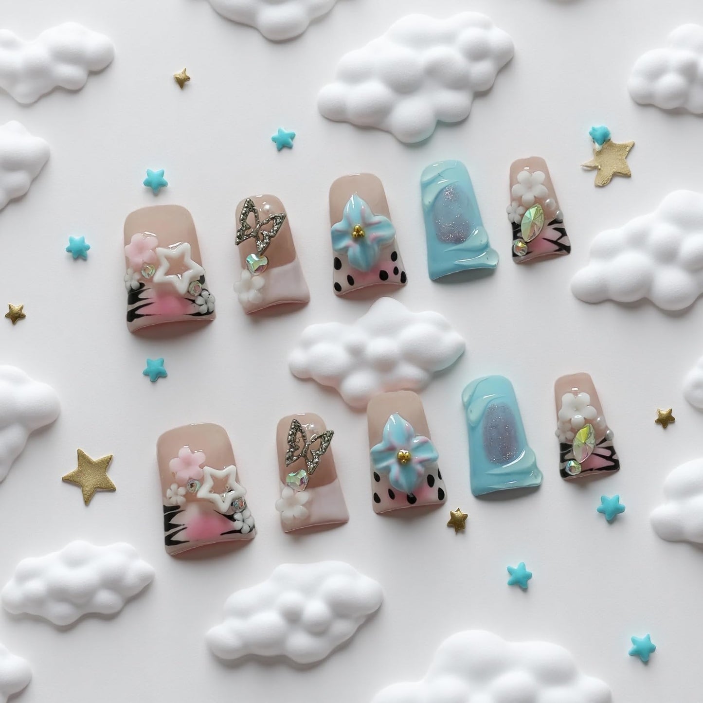 Tesytto Short Duck Press on Nails - 3D Floral Metallic Butterflies False Nails with Pink French Tip & Leopard Print, Pearls Star Luxury Design, Summer Reusable Acrylic Nails (Dance Passion,S)