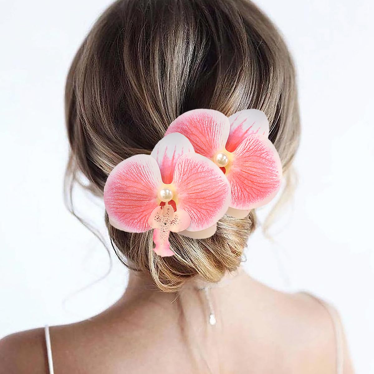 Boho Orchid Hair Clips - 2pcs Artificial Phalaenopsis Barrettes | Bridal Beach Party Accessories (Blue)