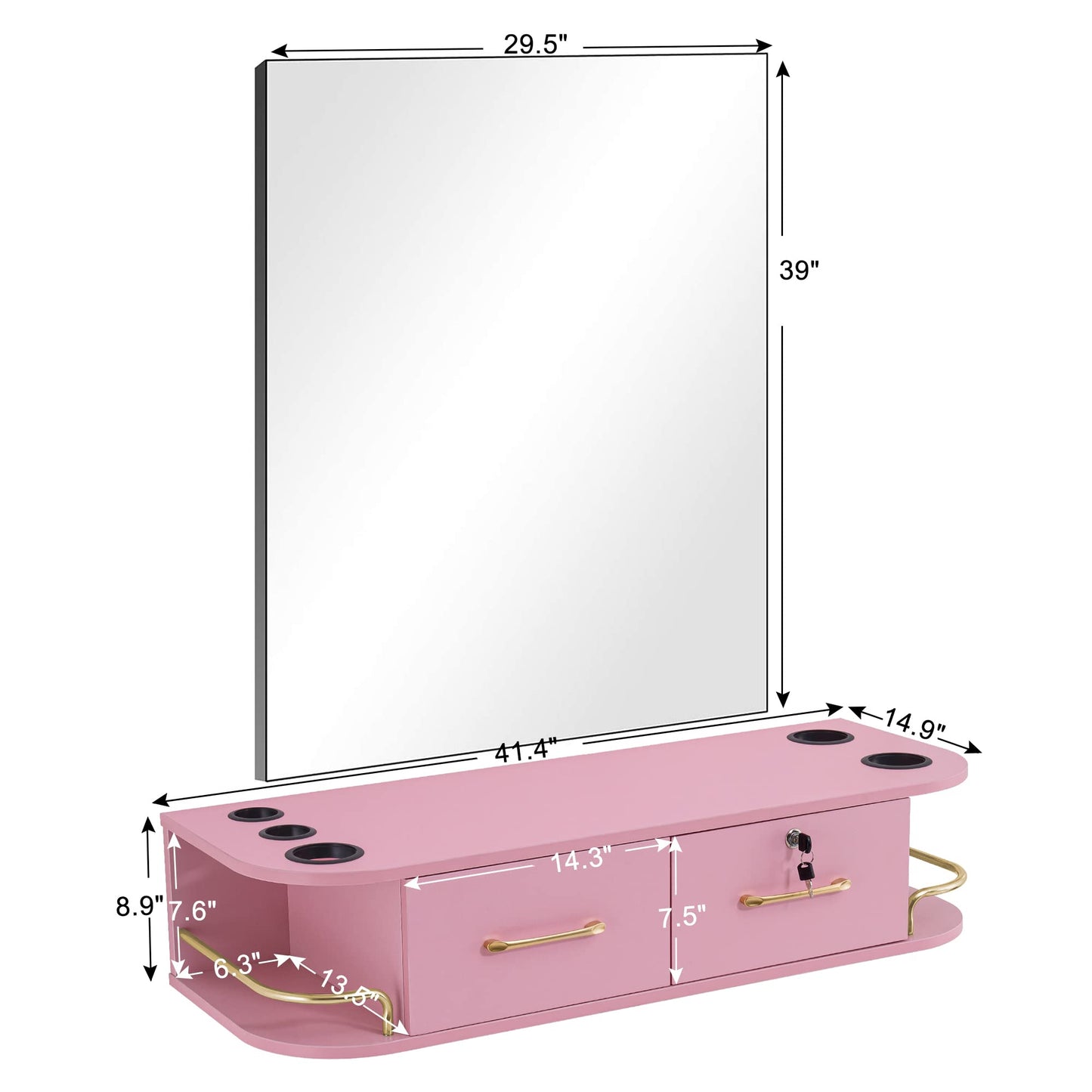 BarberPub Locking Wall Mount Styling Barber Station with Mirror Beauty Spa Salon Furniture,6154-5012-mirror (Pink)
