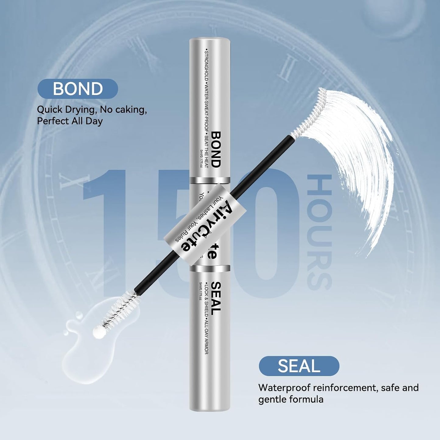 AiryCute Lash Bond and Seal - 150H Long-Lasting Waterproof Eyelash Glue | Strong Hold, Latex-Free, Non-Irritating (White 5ml+5ml)