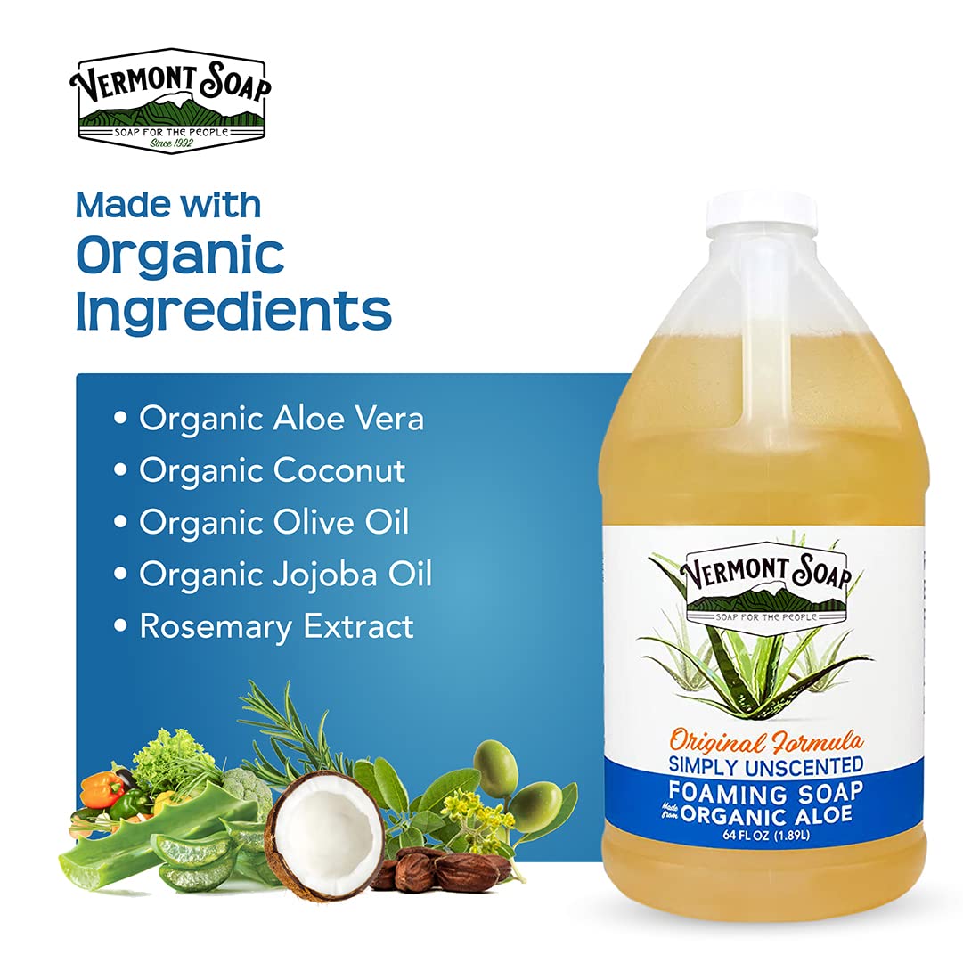 Vermont Soap Organic Unscented Foaming Hand Soap - Natural Moisturizing Liquid Soap for Dry Skin | 64 oz