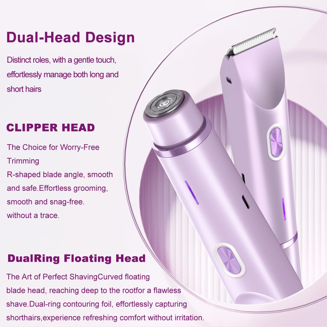 ANFOOS Women's Electric Shaver Bikini Trimmer for Women Razors 2-in-1 Dual Head Design IPX7 Waterproof Wet & Dry Use Body Groomer Hair Trimmer Remover for Facial Underarm Arm Face Leg Bikini (Purple)