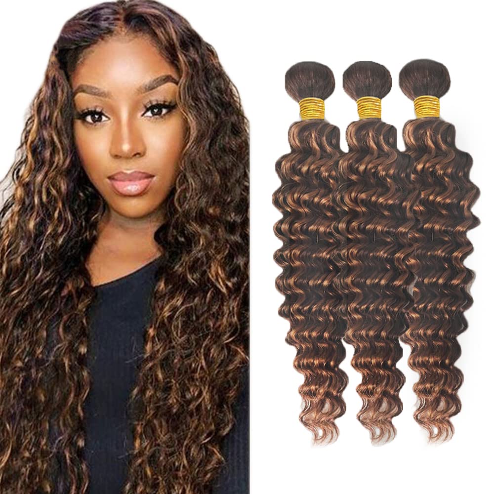 300g Brown Human Hair Bundles Color 30 Deep Wave Bundles 4/30 Deep Wave 3 Bundles 16 16 16 Inch Brazilian Unprocessed Virgin Hair Extensions