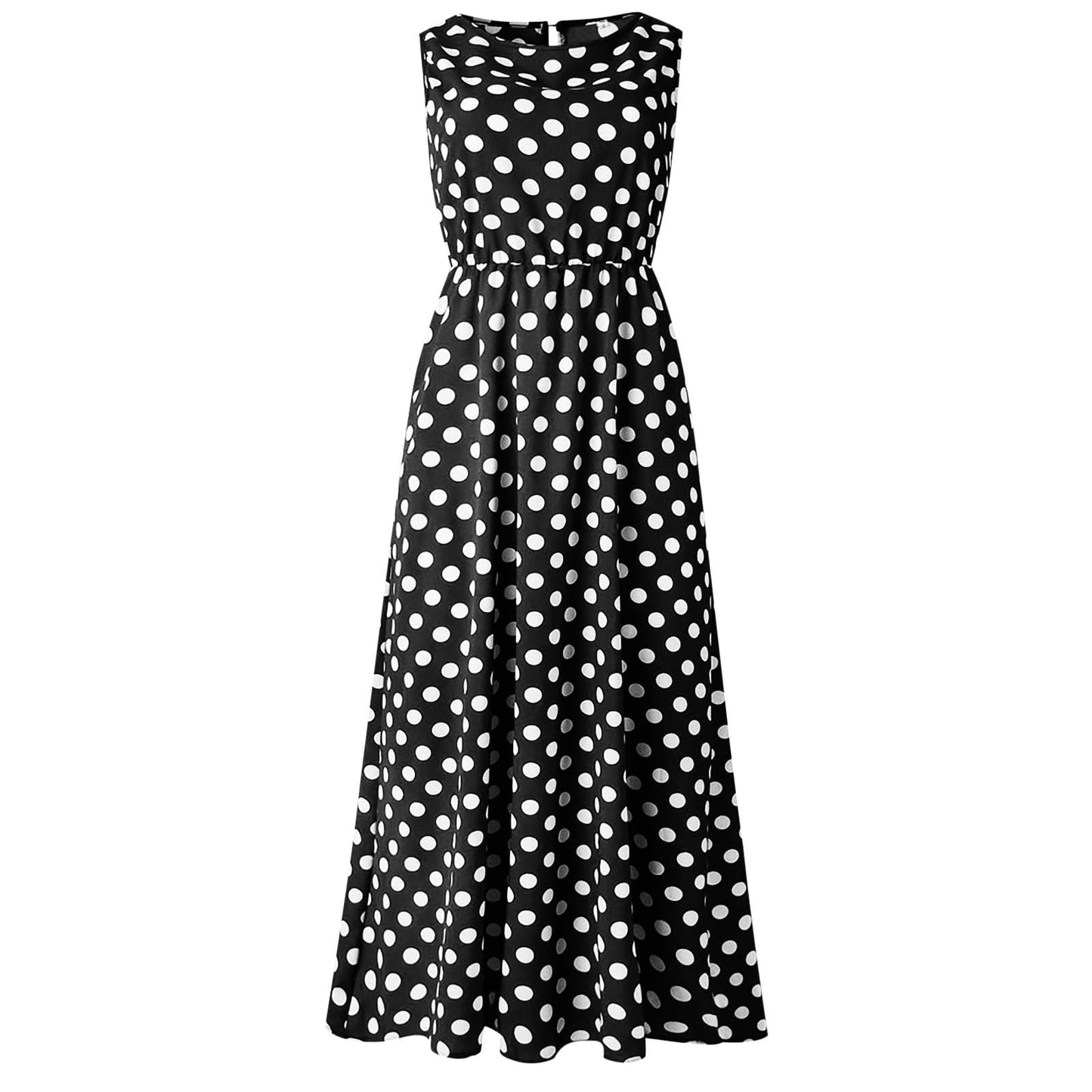 Loinjsnktng Polkadot Dress for Women Round Neck Sleeveless Boho Maxi Dresses 2026 Summer Wedding Guest Smocked Sundresses