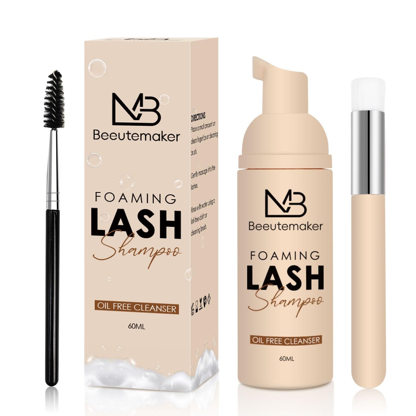Beeutemaker 60ml Beige Lash Shampoo kit for Lash Extensions. Lash Wash for Eyelash Extensions & Natural Lashes. lash extension cleanser for Makeup Remover Oil & Sulfate Free for Salon and Home Use