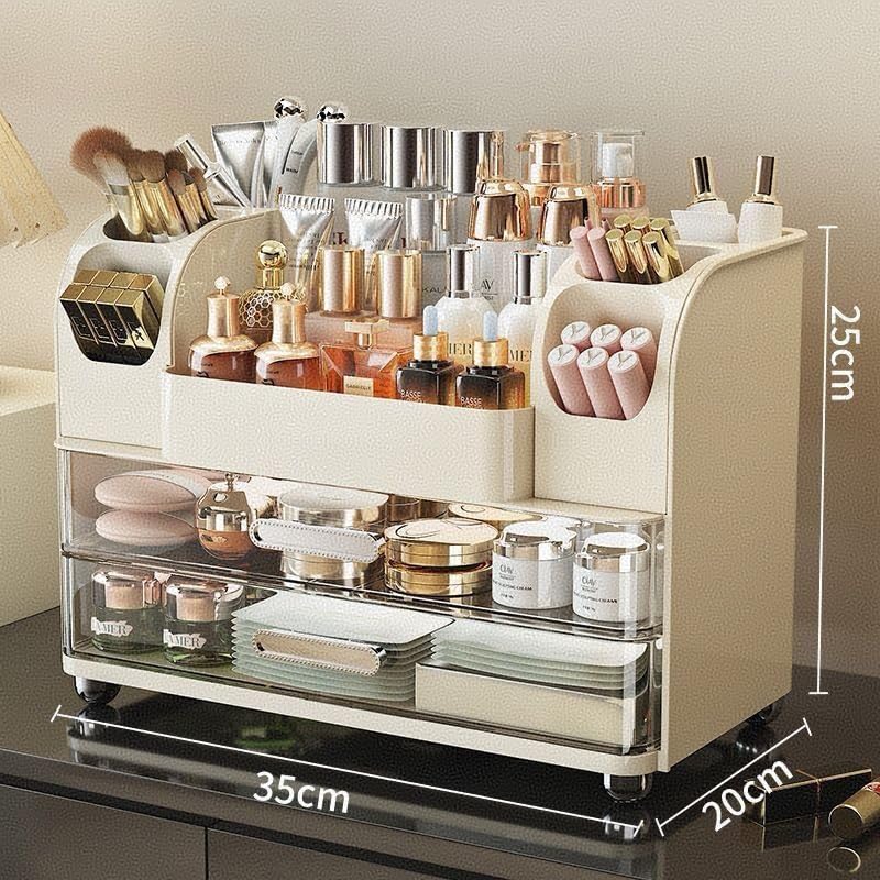 Makeup Organizer - 2 Drawer Cosmetic Display Case for Vanity & Bathroom | Cream Color Storage Holder